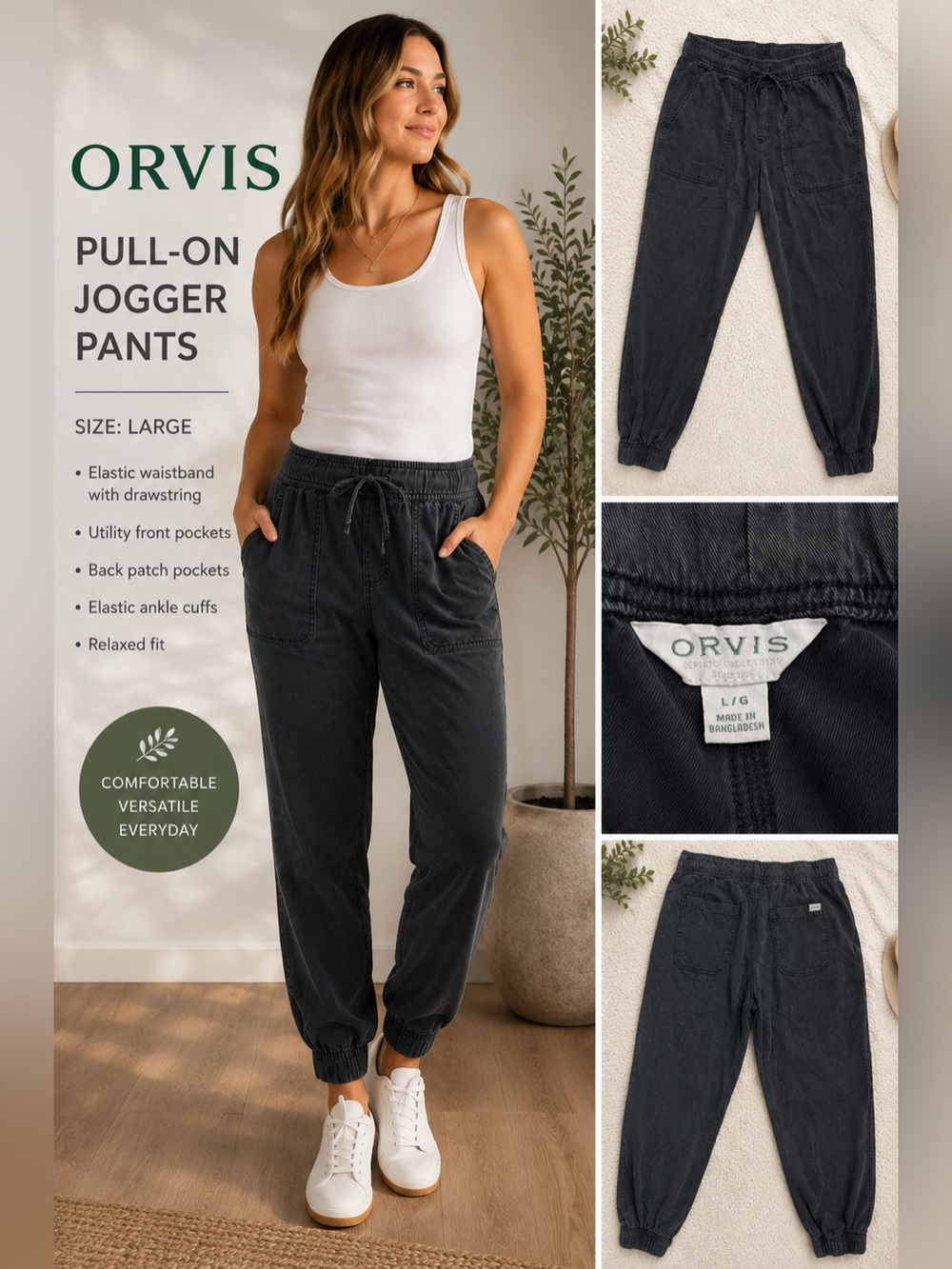 Orvis Women’s Large Gray Pull-On Jogger Pants Utility Pockets Casual Outdoor